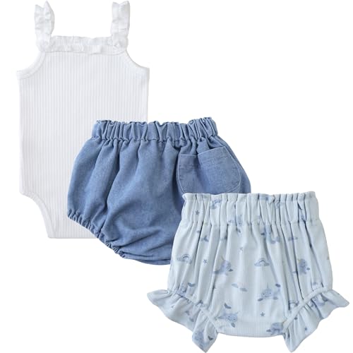 Baby Girls 3-Piece Set Ruffle Onesie, Denim Bloomer & Dolphin Print Shorts Summer Outfits for 3-18M2
