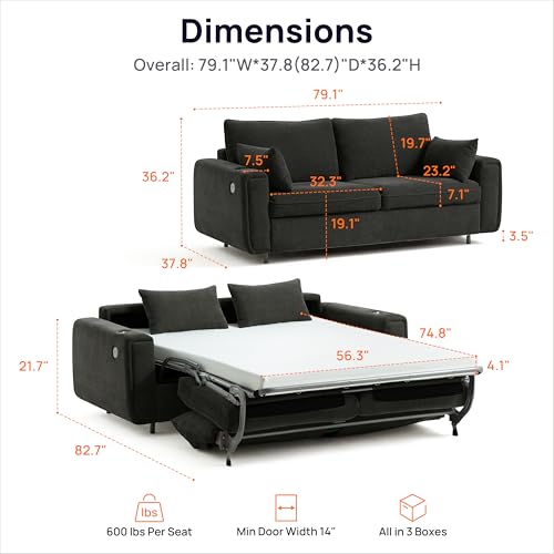 Pull Out Sofa Bed, No Cushion Removal, Queen Sleeper Sofa with USB Fast Charging, Memory Form Mattress, 2-in-1 Convertible Comfy Loveseat Couch Bed for RV, Apartment, and Small Spaces (Dark Grey)
