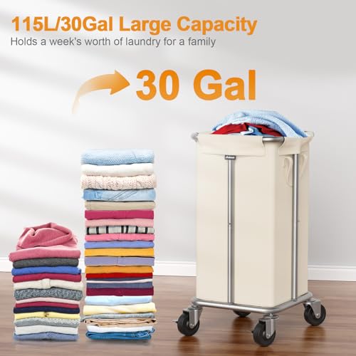 Hodonas Laundry Basket with Wheels, 115L Rolling Laundry Hamper Large Dirty Clothes Hamper Cart with Steel Frame and Removable Bag, Bedroom Bathroom Dorm Room Laundry Room Organization Hampers, Beige by Hodonas - Used condition - Image 2