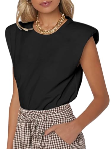 SOFIA'S CHOICE Women's Shoulder Pad Tops Summer Casual Tank Top Round Neck Loose Sleeveless Shirt