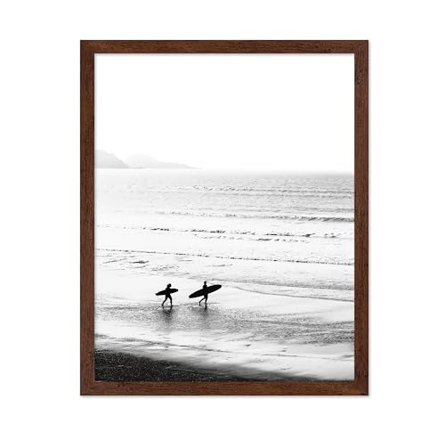 Poster Master Vintage Travel Poster - Retro Sport Print - Gift for Athlete, Friend - Surfers On Seashore, Ocean, Waves, Beach, Monochrome - Wall Decor for Bedroom, Office, 11x14 Brown Framed