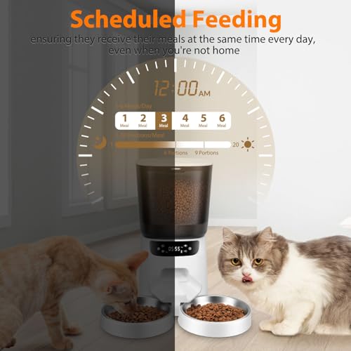 Automatic Cat Feeders for Two Cats, 5L/20 Cups Double Automatic Cat Food Dispenser with 2 Stainless Bowls, Timer Setting 20 Portions 6 Meals Per Day, 10s Meal Call (White) by KATALICLAB - Image 3