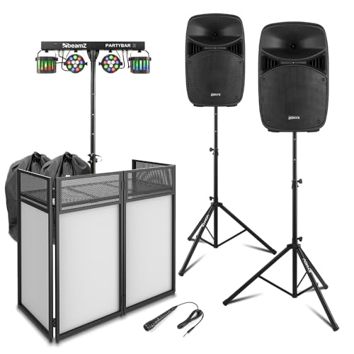 Vonyx VPS122A 12 Active PA Speaker System with BeamZ PartyBar2 Lighting Bar & Foldable DJ Booth – Complete DJ Setup for Medium Performances & Events, Easy Setup