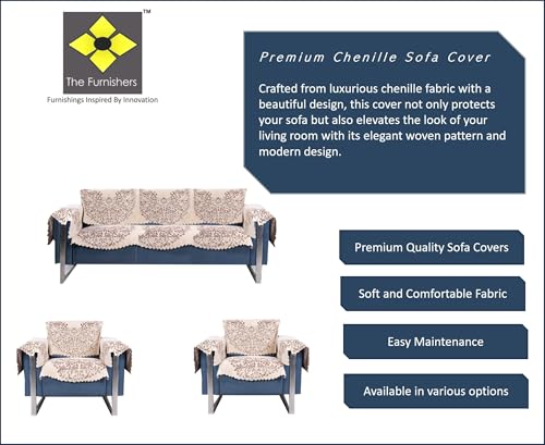 Image of Premium Chenille Woven Anti-Slip 5 Seater Sofa Cover with Armt Rest | L-Shape Sofa Seat Protector for Living Room | Durable & Stylish Slipcover - Beige - Phoolkari