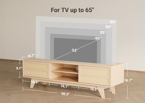 Image of Claiks Boho TV Stand for 70 Inch TV, Modern TV Console with 2 Rattan Storage Cabinets & Adjustable Shelf, Woven TV Stand for Living Room, Oak Color