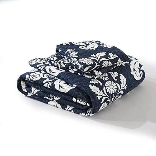King Size Quilt, Navy King Quilt Set,Navy Blue Quilt Cotton Floral Paisley Farmhouse Bedspreads Coverlet,Quilt King Size Lightweight Reversible Bedding For All Season,Navy White King Bed,3-Piece #TOP7