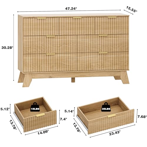 Image of HUANLEGO 48 inch W Fluted Dresser for Bedroom with 7 Drawers, Oak | Mid Century Modern Dressers & Chest of Drawers, Boho Dresser for Closet, 7 Drawer Storage TV Stand for Bedroom