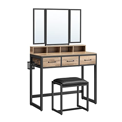 VASAGLE Coiffeuse, Table de Maquillage avec Tabouret Rembourré, avec Miroir Triple, 3 Tiroirs, Porte-sèche-Cheveux, Pot, Style Industriel, Marron Boisé et Noir RVT004B50