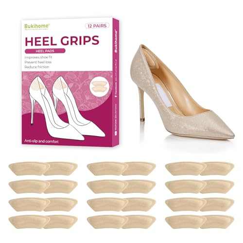 Image of Heel Grips Pads for Women Shoes - (12 Pairs) Bukihome Self-Adhesive Heel Cushion Inserts Prevent Slipping, Rubbing, Blisters, Foot Pain, Improve Shoe Fit, Heel Protector for Shoes Too Big - Beige