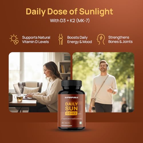 Image of DAILY SUN Vitamin D3 K2 Supplement | Vitamin D Supplement with Vitamin K2 Mk7 | Supports Bone Health & Immunity | 120 Tablets