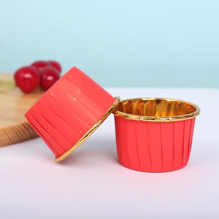 Deera Red Outer and Gold Color Inner Finish Expandable Muffin Cup Cake Paper Mould - Medium, Pack of 50