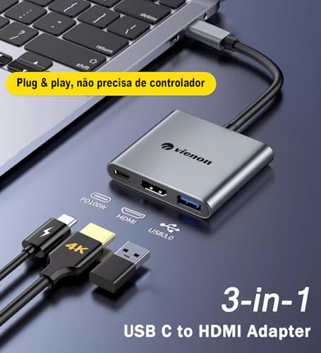 Adaptador USB-C 3 em 1, Hub HDMI 4K, USB 3.0, Carregamento Rápido, Compatível com MacBook e DEX Andr