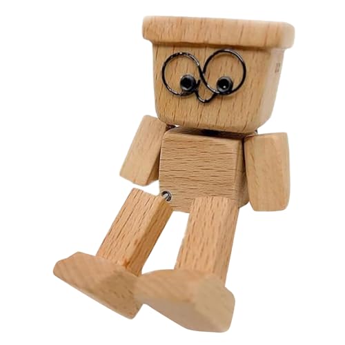 Hiborth Wackelnder Holzmann, Wackelnde Holzfigur mit Füßen Handgefertigte Auto Armaturenbrett Dekoration Ornamente Magnetische Gesichter Kreatives Autozubehör (M)