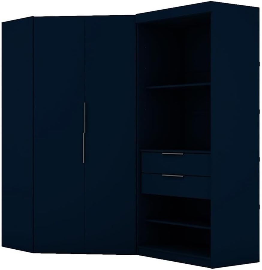 Manhattan Comfort Mulberry 2.0 Corner Wardrobe Closet with Drawers, Hanging Rods and Adjustable Shelves, 2-Piece Free Standing Semi Open Sectional Design for Bedrooms & Dressing Rooms, Midnight Blue