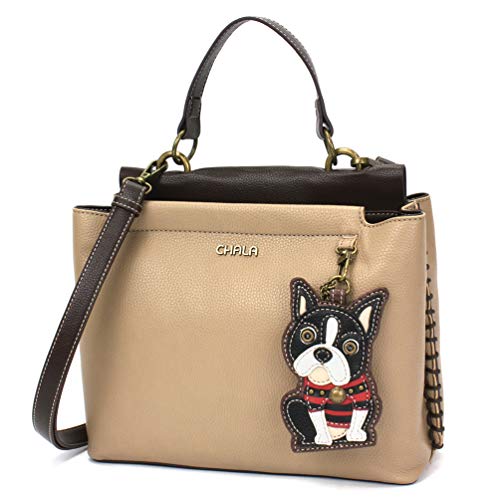 CHALA Charming Satchel with Adjustable Strap - Boston Terrier - Taupe