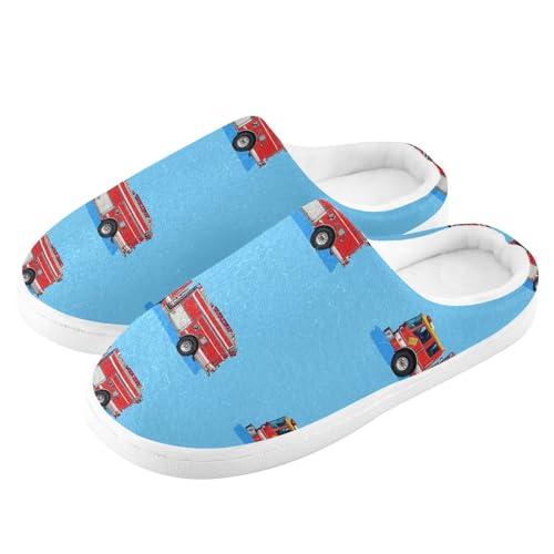 JUNZAN Fire Fighting Truck Royal Blue Women Cotton Slippers Soft Memory Foam Ladies Slippers for Hotel Funny Presents 6-74