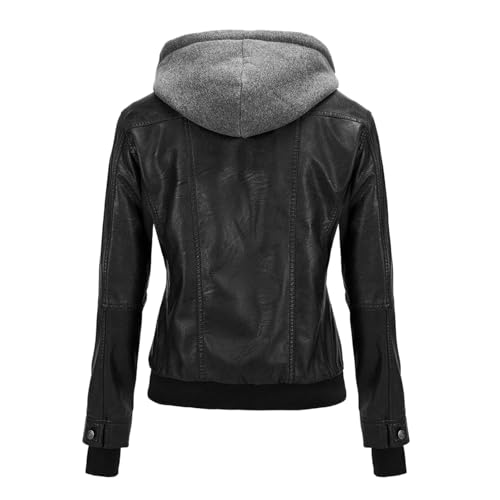 Damen Herbst/Winter Lederjacke Kurz Cropped Hoodie Abnehmbar Gefüttert Moto Jacke Frauen Übergröße Pullover Mantel, Schwarz , S