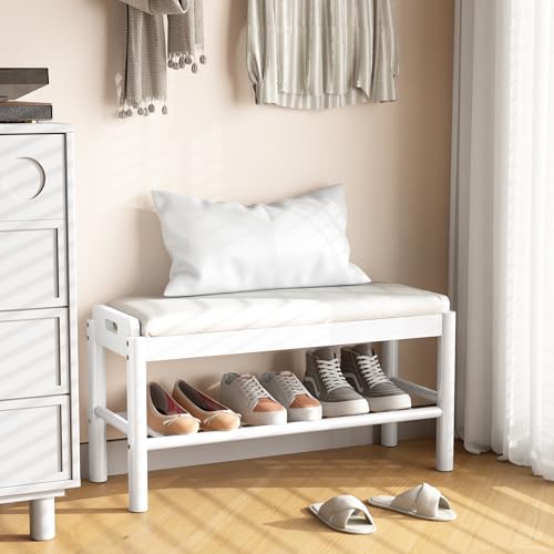 PureLoom Entryway Shoe Storage Bench, 2-Tier Wood Shoe Rack with Cushion, Padded Seat Entryway Organizer with Shelf & Hidden Storage for Entry, Hallway, Living Room, Bedroom, Closet (White, 31.5')