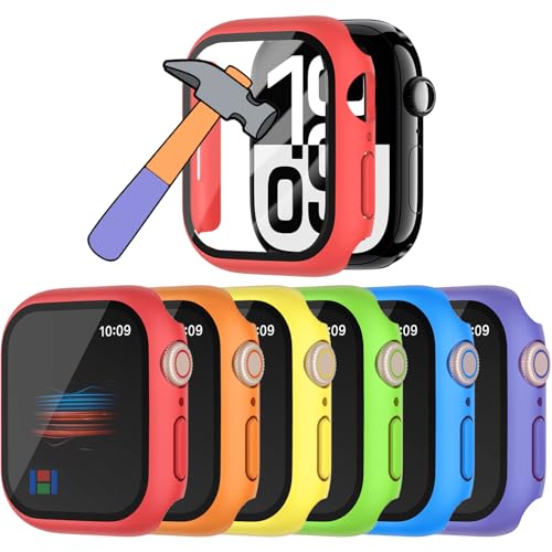 HANKN 6 Pack Hard PC Case for Apple Watch Series 10 46mm Tempered Glass Screen Protector Case, Full Protective Cover Ultra-Thin Shockproof Iwatch Bumper (Red+Orange+Yellow+Green+Blue+Purple, 46mm)