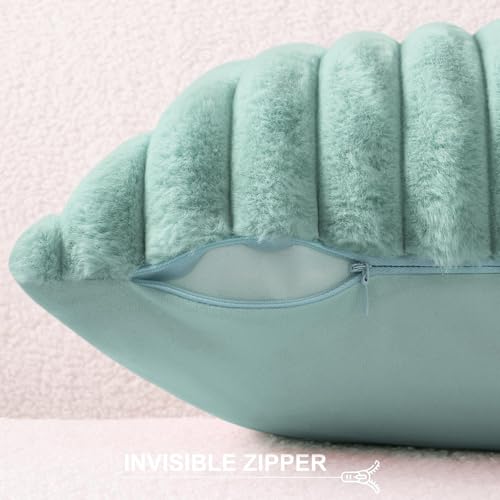 Pallene Faux Fur Plush Throw Pillow Covers 18x18 Set of 2, Luxury Soft Fluffy Striped Decorative Pillow Covers for Sofa, Couch, Living Room, Aqua