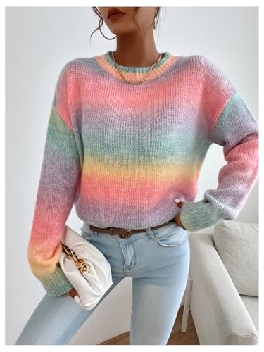 Image of GORGLITTER Women's Rainbow Colorful Sweater Crewneck Long Sleeve Lightweight Pullover Sweater Top Pink Rainbow Medium