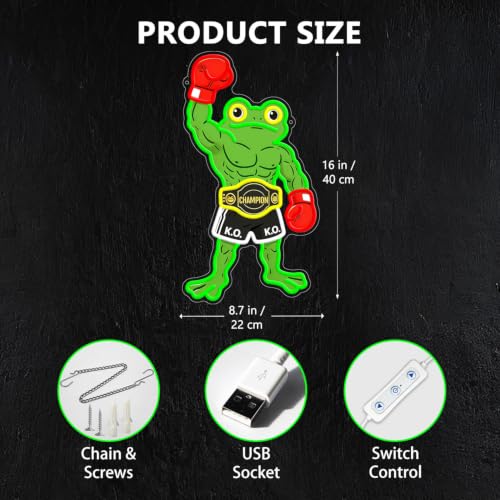 Image of HAJAE Frog Neon Sign, Dimmable Boxing Frog Champion LED Light Wall Decor - Funny Muscular Frog Gifts for Men Boys Kids, Wrestling Birthday Party Decorations, Gym Man Cave Room Neon Light