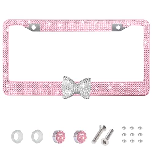 Heqxwl Bling License Plate Frame for Women, Rhinestone License Plate Frame Stainless Steel Sparkly Car Accessories with Anti Theft Screws (1, Pink Frame + White Bow)