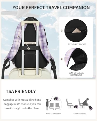 Image of Backpack for School Girls, 3Pcs Kids Cute Bookbag with Lunch Box Pencil Pouch, Student Pack Fits 15.6 Inch Laptop for Teens bag for Kindergarten Elementary Preschool Middle School, Black Purple Tartan