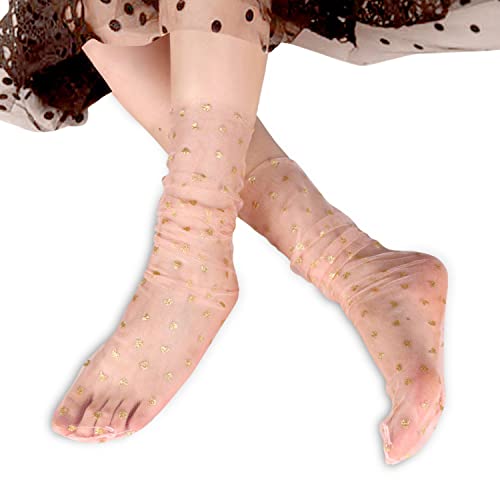 Benefeet Sox Womens Girls Sheer Mesh Fishnet Sparkle Novelty Ankle Socks See Through Lace Glitter Loose Slouch Socks 5 Pairs,Heart Shape #TOP3