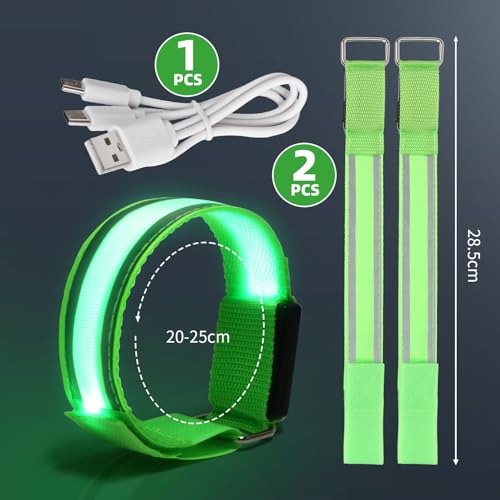 Wishstar led Armband aufladbar, 2 Stück leuchtband Grün, leucht Armband lauflicht joggen, leuchtarmband joggen zubehör, Sicherheits Licht, Reflektorband leuchtbänder arm für Radfahren, Joggen Unisex