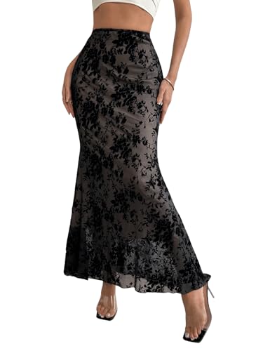 GORGLITTER Women's Y2K Goth Maxi Skirts Ditsy Floral Mesh Gothic Skirts Ruffle High Waist Long Skirts