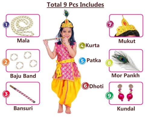 Image of Sarvda Krishna & Radha Dress for Kids - Complete Janmashtami Costume Sets with Dhoti /Lehenga, Mukut, Mor Pankh, Bansuri & Accessories | Fancy Dress for Baby Boys & Girls