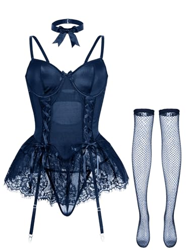Foxiny Sexy Choker Corset Underwire Lace Sheer Garter Stockings Babydoll Lingerie Set with Thong 4 Piece Outfits Women Bustier Push Up See Through Matching Bra Panty Underwear Navy Blue Medium