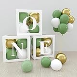 ONE Boxes for 1st Birthday Boy Decorations,30PCS Green Gold White Balloons and ONE Letters for First Birthday Decorations One Blocks for Boy Girl Baby Shower,Photo Shoot Prop,Table Centerpiece