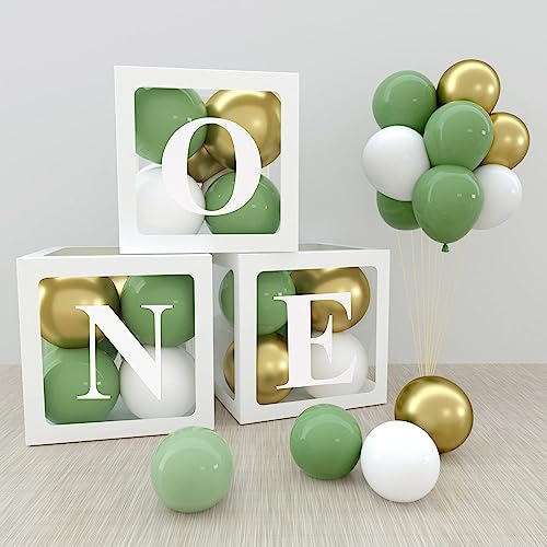 ONE Boxes for 1st Birthday Boy Decorations,30PCS Green Gold White Balloons and ONE Letters for First Birthday Decorations One Blocks for Boy Girl Baby Shower,Photo Shoot Prop,Table Centerpiece