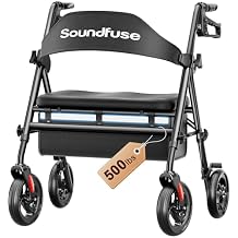 SOUNDFUSE Bariatric Walker for Seniors with Extra Wide Seat, 500lb Heavy Duty Rollator Walker, Handle & Seat Height Adjustable, Foldable Rolling Walkers with 8" All-Terrain Wheels