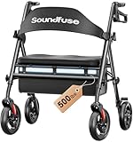 SOUNDFUSE Bariatric Walker for Seniors with Extra Wide Seat, 500lb Heavy Duty Rollator Walker, Handle & Seat Height Adjustable, Foldable Rolling Walkers with 8" All-Terrain Wheels