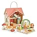 Tender Leaf Toys - Rosewood Cottage - Portable Furnished Wooden 2-Story Dollhouse Set with Handle, 4 Pcs Miniature Toadstool Family with 10 Accessories - Pretend Play Gift for Kids - Age 3+