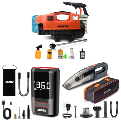 Image of AGARO Supreme 1800W High Pressure Washer & Galaxy Cordless Tyre Inflator 150 PSI with Flashlight & HVC1081 Car Vacuum Cleaner Rechargeable 110W