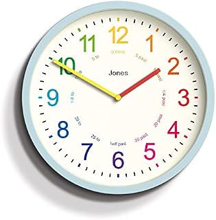 Jones Clocks® Kids Clock - Time Teaching Clock - Learn To Tell the Time Clock - Kids Wall Clock - Childrens Clocks for Bedrooms - Analogue Clock for Kids - Childrens Clock (Light Blue)