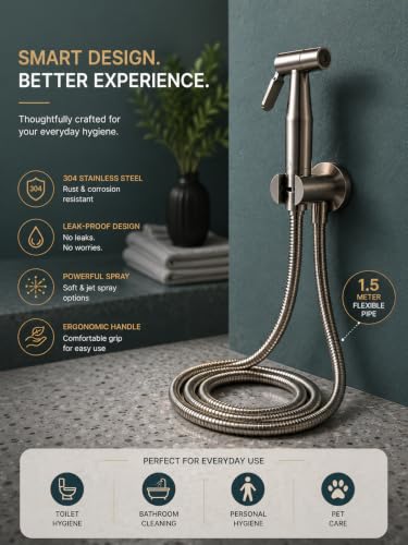Image of Handheld Bidet Sprayer for Toilet, SS-304 Stainless Steel, Chrome Finish, with 1.5 Metre Kink-Free Hose Pipe, Leak-Proof