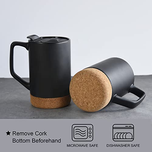Ceramic Coffee Mug Set Of 2, 17 Oz Large Coffee Mug With Removeable Cork Bottom And Splash Proof Lid, Large Handle Coffee Mugs For Men And Women, Great For Coffee, Tea, Hot Chocolate(Matte Black) #TOP3