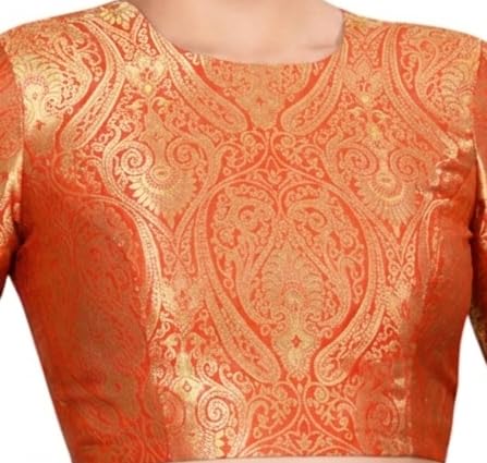 Image of Studio Shringaar Women Brocade Silky Jewel Neck Readymade Elbow Length Sleeve Saree Blouse