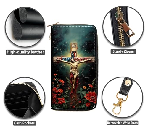 Christian Holy Cross Jesus Print Women Large Capacity PU Leather Zip Around Wallet, Multifunctional Clutch Purse for Cash/Card/Coin/Smart Phone4
