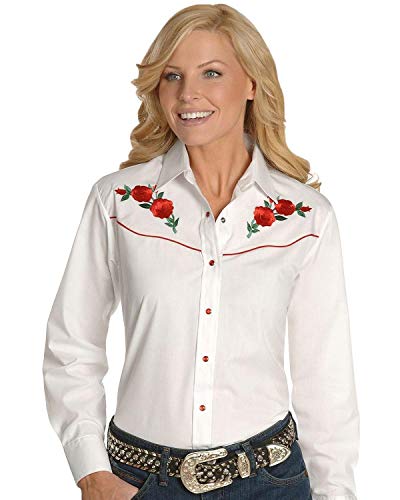 ELY CATTLEMAN Women's Long Sleeve Western Shirt with Red Rose Embroidery, White, S