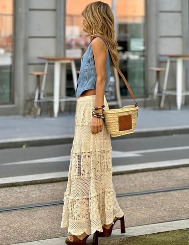 Women's Flowy Maxi Stretchy Boho Crochet Hollow Out Knit Flower Lace Skirt3