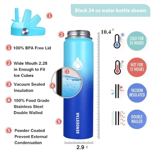 Image of SENDESTAR Stainless Steel Wide Mouth Water Bottle 24oz Double Wall Vacuum Insulated Leak Proof Bottle with New Flex Straw Lid & Spout Lid