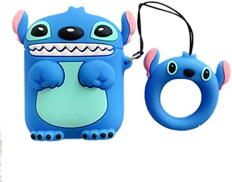 iFiLOVE Compatible with Airpods Case, Cute Cartoon Soft Silicone Kawaii Stitch Shockproof Protective Case Cover Skin with Ring Buckle Holder for Apple Airpods 1 & 2 Charging Case (Blue)