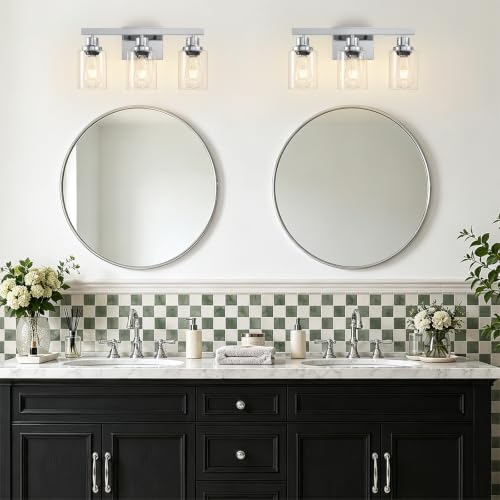 Image of 3 Light Bathroom Light Fixtures,17 inch Polished Chrome Vanity Lights | Modern Vanity Lights over Mirror with Clear Glassshades,Farmhouse Bathroom Wall Sconece over Sink,E26 Base