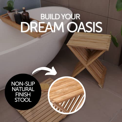 Nordic Style Assembled Bathroom, Spa Teak Wood Folding Stool And Seat 17.7" (Natural Finish, Beige) #TOP5